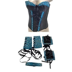 Vintage teal and black underwire padded cups with lace up corset & accessories